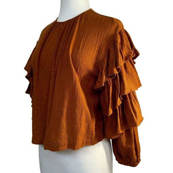 Olivaceous Rust Tired Ruffle Gypsy Sleeve 100% Cotton Gauze Top Blouse Sz S NEW - Picture 2 of 6